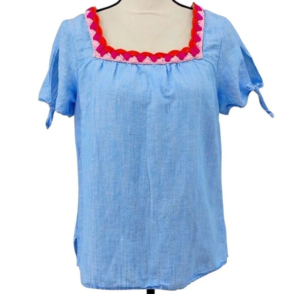 Talbots Blue Linen Top Small Crochet Square Neck Short Sleeve Coastal Chic - Picture 1 of 6